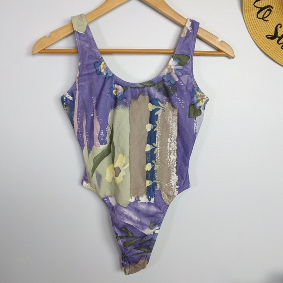 Vintage Other - Vintage 80s Highcut Floral Sueded Bodysuit Leotard